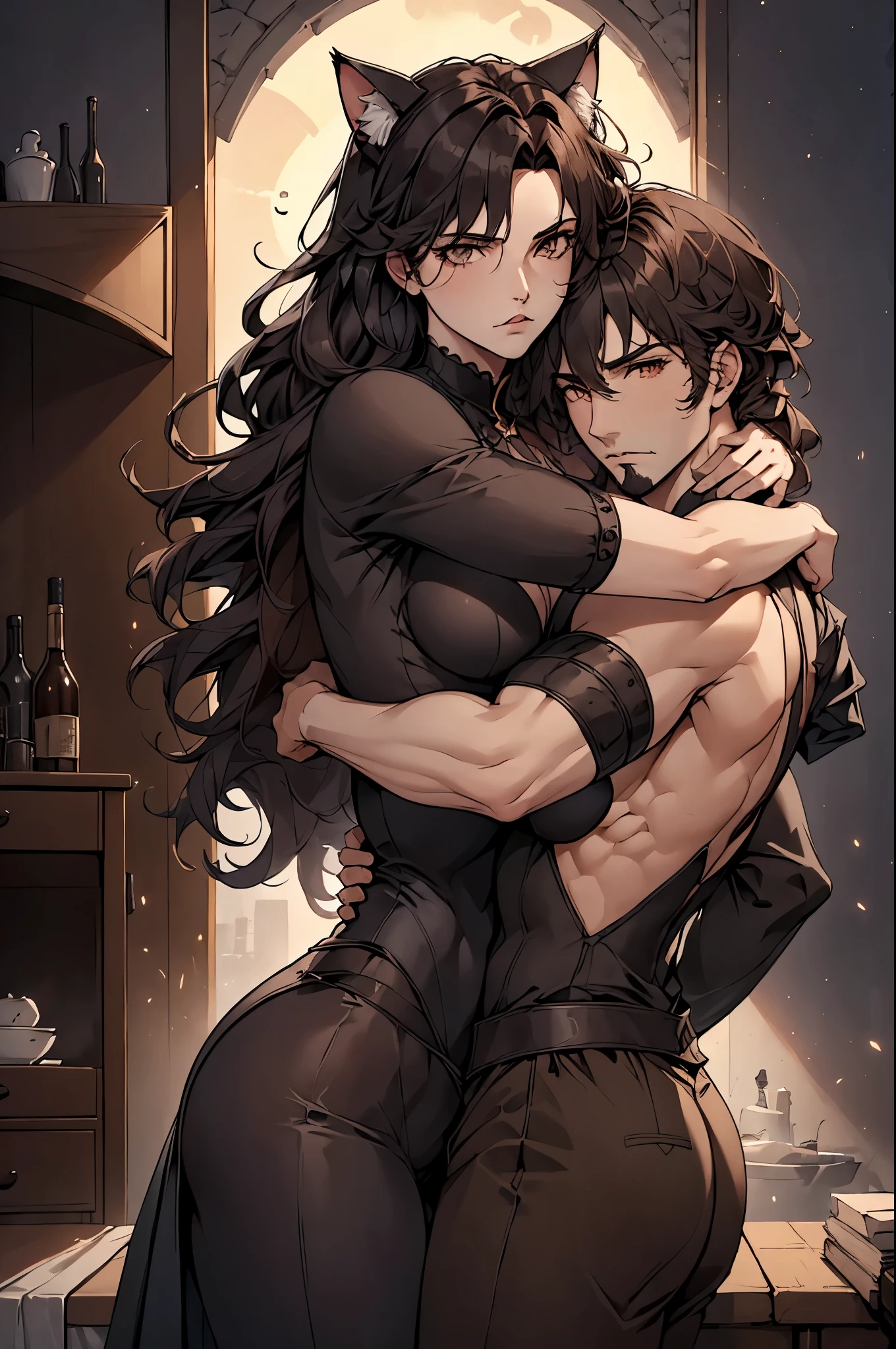(((a man and woman couple posing dynamically, each one with their respective Lora)))At the heart of an incredibly realistic work of art., The neocruz man, or man , Midway transitions under the cover of night.. His muscles ripple and long black hair with a Count Dracula-style beard. , beautiful hugging woman.. He finds himself before an adult vampire junkotvv woman with (cat ears)., Her sleek leather outfit hugs her curves in a seductive way. its length, cabello negro con cat ears cae en cascada por su espalda, covering his face while putting up fierce resistance.. The captivating scene comes to life through fantastic realism., with every detail meticulously represented for the best sensory experience at night and under a full moon, on the outskirts of a gothic style castle.