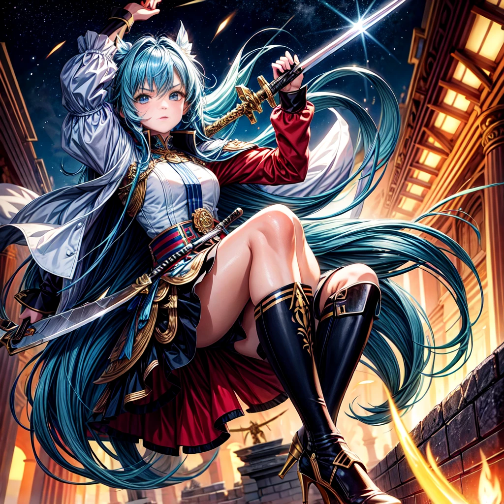 (masterpiece, Highest quality:1.2), One girl, alone, 18-year-old, Long sword, 1 sword, Holding a sword, Combat Ready,Long Hair, Blue Hair,Blue Eyes, High heels, Black knee-high socks, whole body,Ancient City,