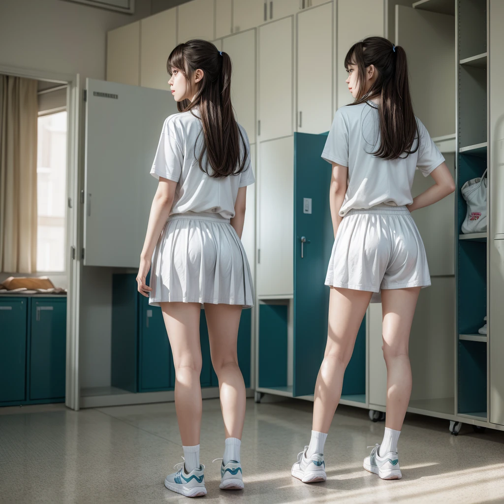 1 girl, Alone, Masterpiece, Best Quality, high resolution, Very detailed, (illustration), Beautiful detailed eyes, Yuigahama Yui, moño de un Alone cabello, bright lips, light makeup, standing, sports uniform, locker room, sneakers, (view from behind