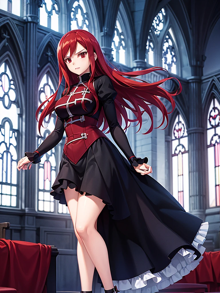 Full body picture of 1 girl: Erza Scarlet, wearing Rin Tohsaka outfit, in a church with huge windows at night, ultra realistic, top quality,