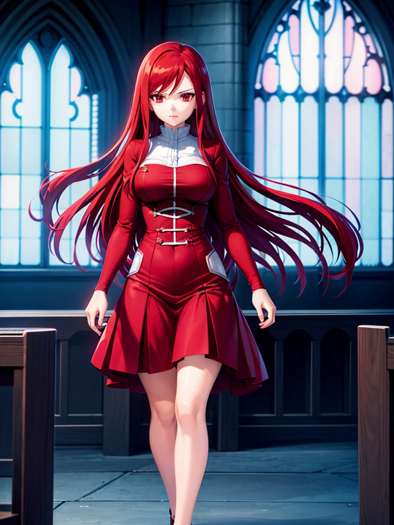 Full body picture of 1 girl: Erza Scarlet, wearing Rin Tohsaka outfit, in a church with huge windows at night, ultra realistic, top quality,