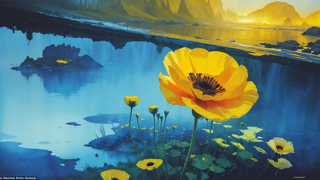 32k, Masterpiece, Highest quality, One girl, Detailed eyes, flower,Iceland Poppy, Blue and yellow style,A dreamy, romantic piece,Pale yellow, Mysterious Leaves,A playful arrangement,Fantasy,High Contrast,Ink strokes,explosion,Exposure, Impression of blue and yellow tones,Abstract,((Watercolours by John Berkey and Jeremy Mann )) Brush strokes,Negative Space, Tyndall effect,