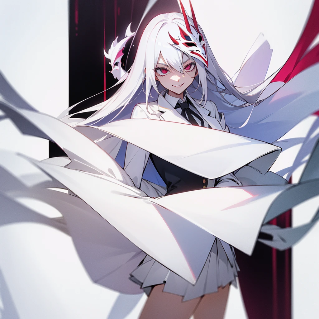 1 girl, dark white hair, villain, smile, psychopath, psychopath smirk, straight hair, (((noble cloth))), short skirt, white cloth, white poker mask, white tuxedo, masked, with mask on face