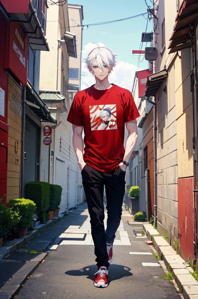 25 years old anime man with white hair, walking down the street with his hands in his pockets Wearing a red t-shirt 