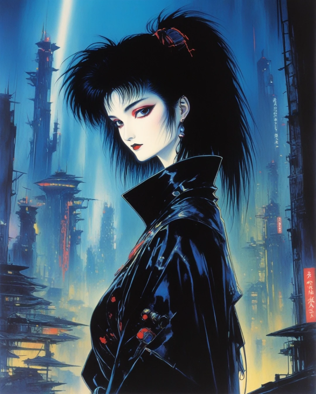 amano yoshitaka, 80s, 1girl, goth, siouxsie, michelle pffifer, cyberpunk, futuristic city background, 80s movie poster art style,