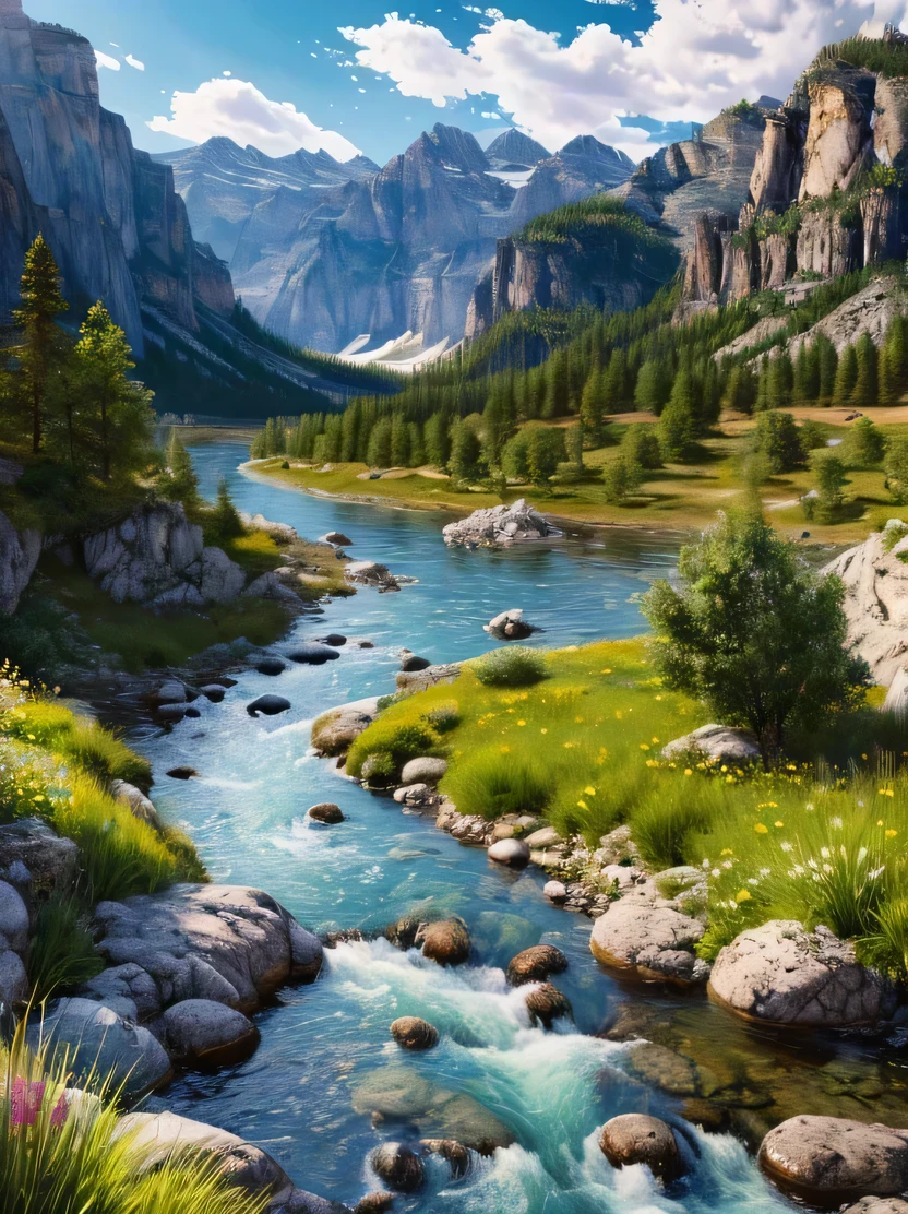 ((Masterpiece, top quality, very detailed, high resolution, realistic, sharp focus)), high contrast, high color saturation, landscape with water, river and rocky mountains, gentle flow, (highly detailed CG unity, 8k wallpaper), intricate and realistic paintings