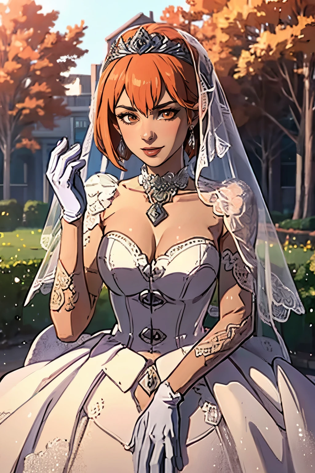 1girl ,leonie pinelli, orange hair ,short hair ,earrings ,lipstick, eye shadow, makeup, hair between eyes, ahoge, hair ornament, gloves, dress, cleavage, bare shoulders, collarbone, white oprea gloves, white gloves, white dress, strapless, white choker, tiara, veil, strapless dress, wedding dress, bridal veil, beautiful woman, perfect body, perfect breasts, wearing a wedding dress, ball gown,full body ,in the park trees, wedding decorations, looking at the viewer,  smile, realism, masterpiece, textured skin, super detail, high detail, high quality, best quality, 1080p,