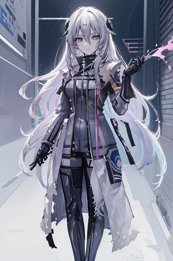 ((Pixiv)),(masterpiece_portrait),(Color Field),(Cyberpunk),(Full Metal Panic),(10s-anime-aesthetic), 1 girl, light smile, curvy, large breasts, sharp face, spiked_hair, two-tone hair, white hair, gray hair, hair between eyes, very_long_hair, half closed eyes, sky blue eyes, Closed mouth, reaching out, cowboy shot, Standing, Clenched_hand, Black leotard, Over-kneehighs, White Overcoat, capelet, high_heel_boots
