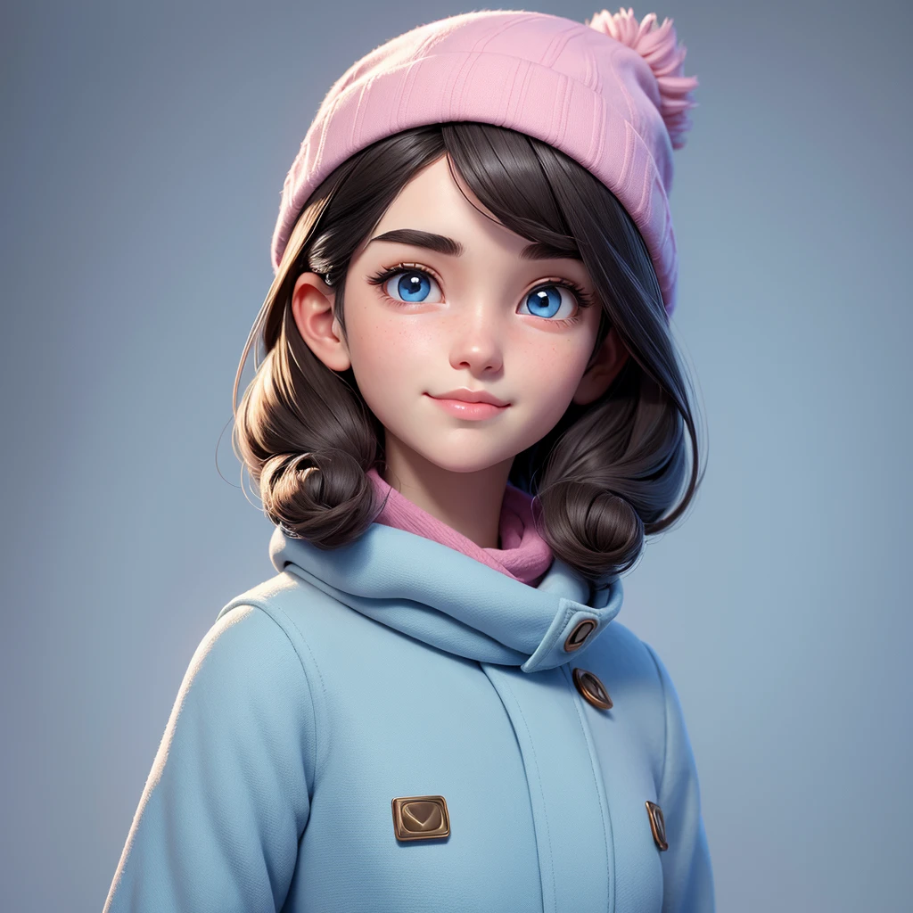 A highly detailed digital illustration of a young woman with an oval face and rosy cheeks. She wears a pale pink beanie, has shoulder-length, slightly wavy black hair, and thick black eyebrows. Her eyes are large and greyish-brown, with a small, pointed nose and full, naturally pink lips. She is slightly smiling. She is dressed in a thick, light blue scarf and a cream-colored jacket with a collar. The background is a simple light blue. The style should be akin to a hyper-realistic 3D cartoon character.
