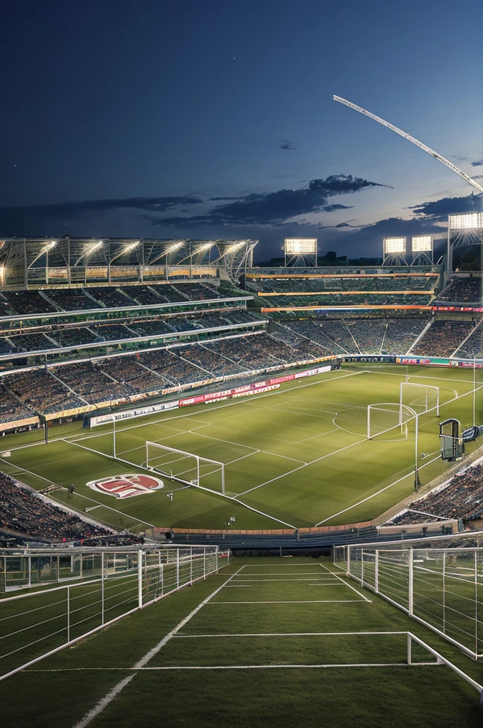 a lush green soccer field, a massive stadium with towering stands, floodlights illuminating the field