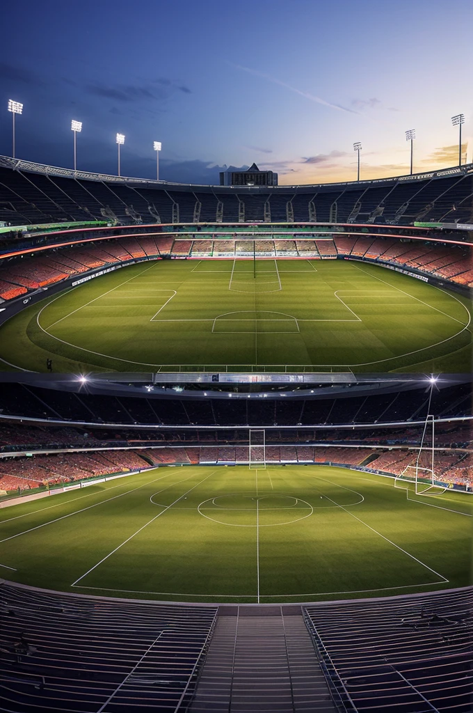 a lush green soccer field, a massive stadium with towering stands, floodlights illuminating the field