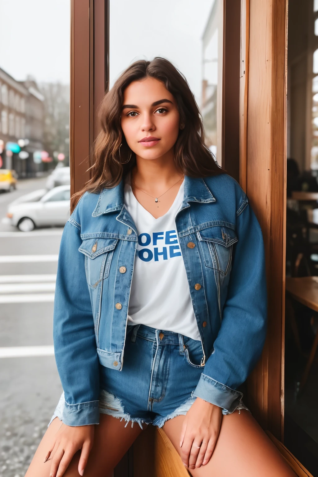 20-year-old brunette woman, heart-shaped face, deep brown eyes, soft smile, casual outfit, denim jacket, white t-shirt, distressed jeans, (wearing vintage sneakers,) soulful gaze, reflective mood, selfie in a cozy cafe, embracing the moment, minimalist lighting, warm ambiance, raindrops on the window, tender expression, authentic, candid, (close-up view,) playlist: "Coffee House" by R&B Mix Station, premium quality, iPhone X, high definition, RAW, Adobe Lightroom, PhotoDirector 365.
((exceptional quality)), ((masterpiece