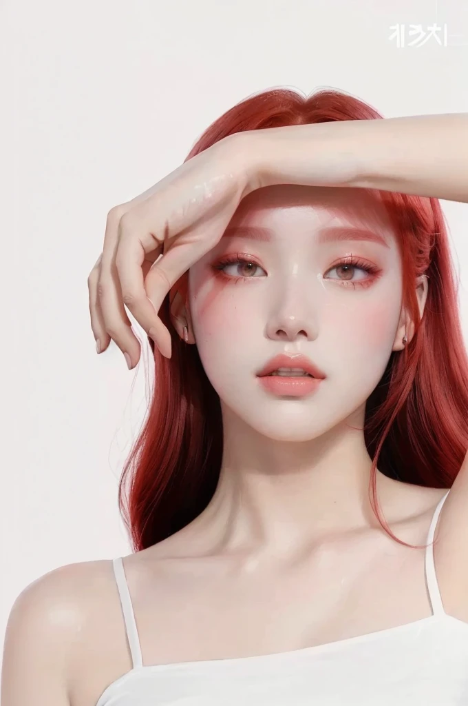 a closeup of a woman with red hair and a white top, inspired by Yanjun Cheng, Portrait of Blackpink's Jossi, artwork in the style of guweiz, jinyoung shin, jinyoung shin art, shiny skin, blackpink jisoo portrait, 3d realistic anime style, Kawaii realistic portrait, beautiful digital illustration, photorealistic!!!!!!! Art Style