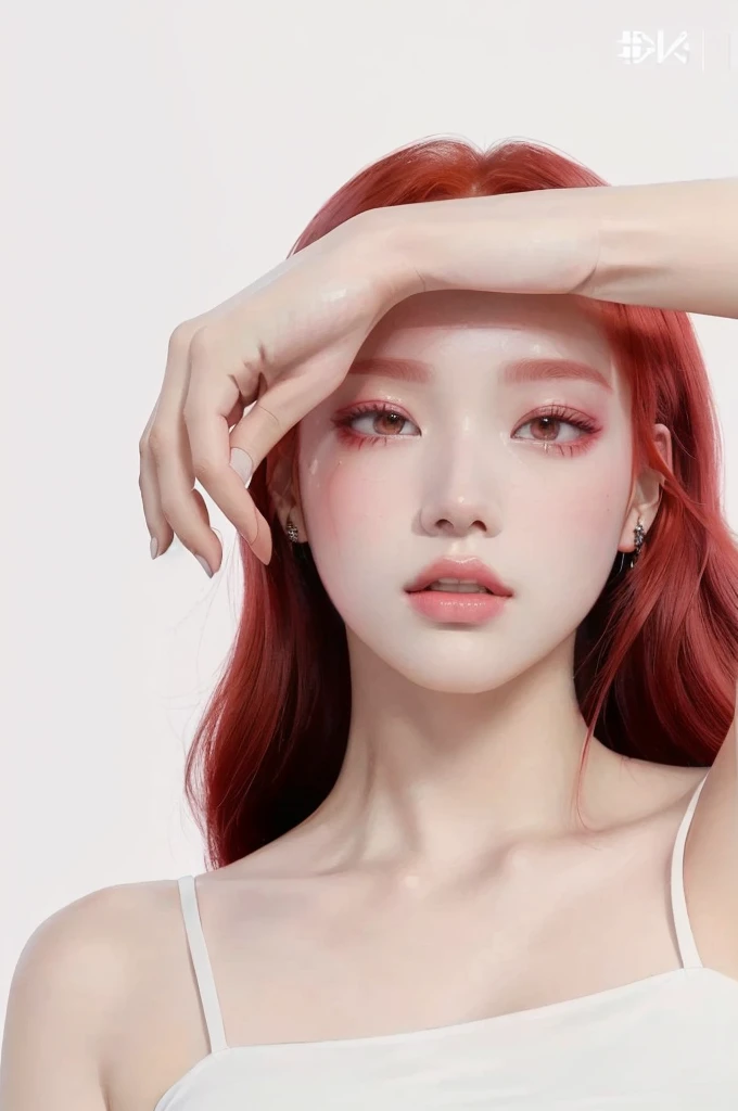 a closeup of a woman with red hair and a white top, inspired by Yanjun Cheng, Portrait of Blackpink&#39;s Jossi, artwork in the style of guweiz, jinyoung shin, jinyoung shin art, shiny skin, blackpink jisoo portrait, 3d realistic anime style, Kawaii realistic portrait, beautiful digital illustration, photorealistic!!!!!!! Art Style