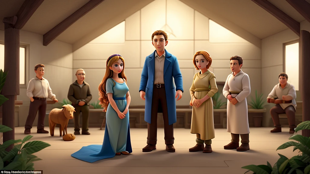The 4k hd image depicts the scene of the birth of Jesus Christ, with a central manger where baby Jesus is lying on white cloths. Mary, dressed in blue, looks affectionately at the baby, enquanto Joseph, dress in earthy tones, is standing with a staff. Characters and Elements: baby Jesus: Lying in the manger with a halo of light. Mary: Kneeling or sitting by the manger. Joseph: Standing or kneeling on the other side. Shepherds: Kneeling or standing around, with staffs and sheep. Magi: Further away, holding gifts (gold, frankincense and myrrh), dressed luxuriously. angels: Hovering above or around, some playing instruments. Star of Bethlehem: Shining brightly above the stable. atmosphere: The scene is lit with a soft, warm light, centered on baby Jesus, creating a feeling of serenity and sacredness. Natural elements such as animals and straw reinforce the simplicity of Christ's birth.