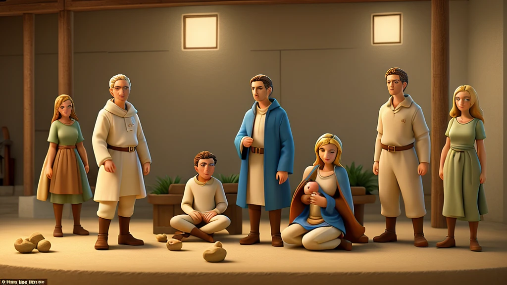 The 4k hd image depicts the scene of the birth of Jesus Christ, with a central manger where baby Jesus is lying on white cloths. Mary, dressed in blue, looks affectionately at the baby, enquanto Joseph, dress in earthy tones, is standing with a staff. Characters and Elements: baby Jesus: Lying in the manger with a halo of light. Mary: Kneeling or sitting by the manger. Joseph: Standing or kneeling on the other side. Shepherds: Kneeling or standing around, with staffs and sheep. Magi: Further away, holding gifts (gold, frankincense and myrrh), dressed luxuriously. angels: Hovering above or around, some playing instruments. Star of Bethlehem: Shining brightly above the stable. atmosphere: The scene is lit with a soft, warm light, centered on baby Jesus, creating a feeling of serenity and sacredness. Natural elements such as animals and straw reinforce the simplicity of Christ's birth.