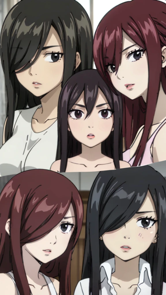 Mommy with 4 daughter,black hair, long hair, (hair over one eye:1.4), messy hair, hair between eyes, chubby cheek,Sexy lips, pucker lips