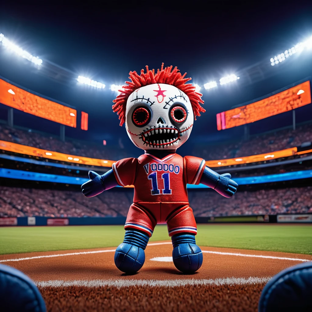 (knitted toy voodoo doll:1.7), (Voodoo at a Stadium:1.3), (Clothing: sports fan attire with glowing team logos:1.0), (Accessories: enchanted foam finger emitting sparks of excitement, levitating sports memorabilia:1.1), (background: mystical stadium with floating seats, glowing field, and spectral fans:1.2), best quality, masterpiece, detailed soft oil painting, detailed background, dramatic cinematic lighting, soft edge lighting, professional, dramatic lighting, hard edge lighting, ultra quality, 4k, masterpiece, best quality, 8k, ultra high definition, high resolution, extremely detailed