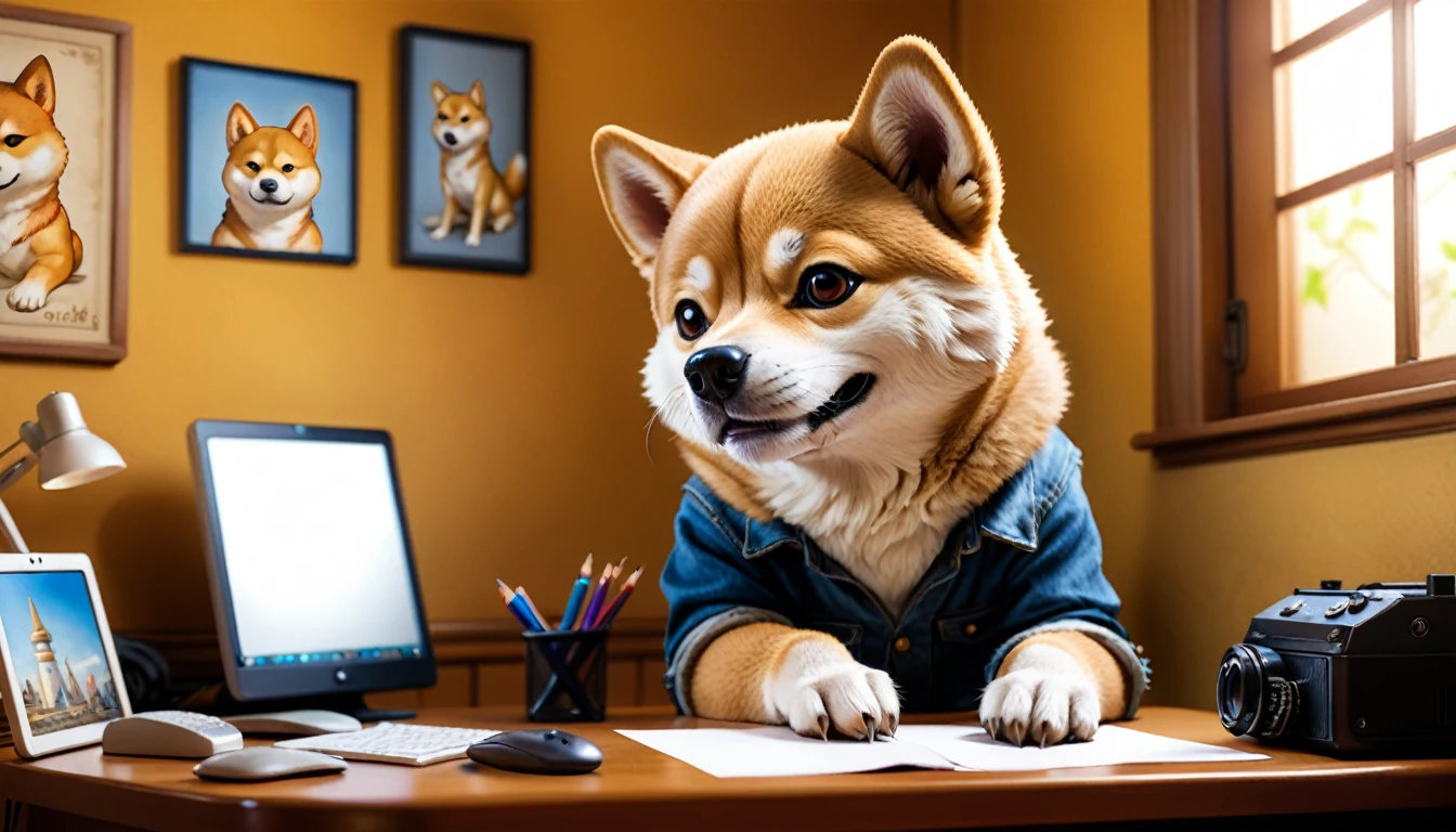 (photo film style), anthropomorphic, cute little Shiba Inu, , in his room, studying, 2D, colorful, warm atmosphere, shiny, Jean-Baptiste e style, Alan Lee style