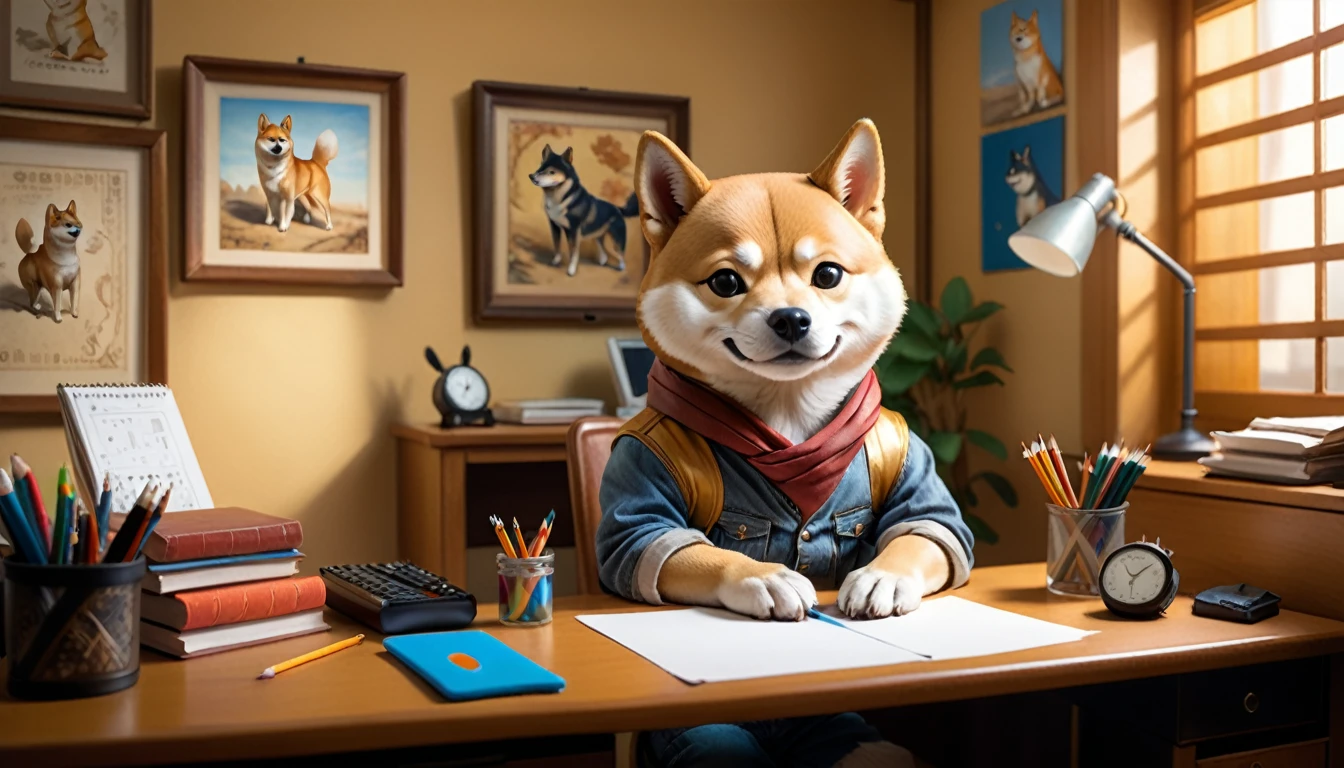 (photo film style), anthropomorphic, cute little Shiba Inu, , in his room, studying, 2D, colorful, warm atmosphere, shiny, Jean-Baptiste Monge style, Alan Lee style