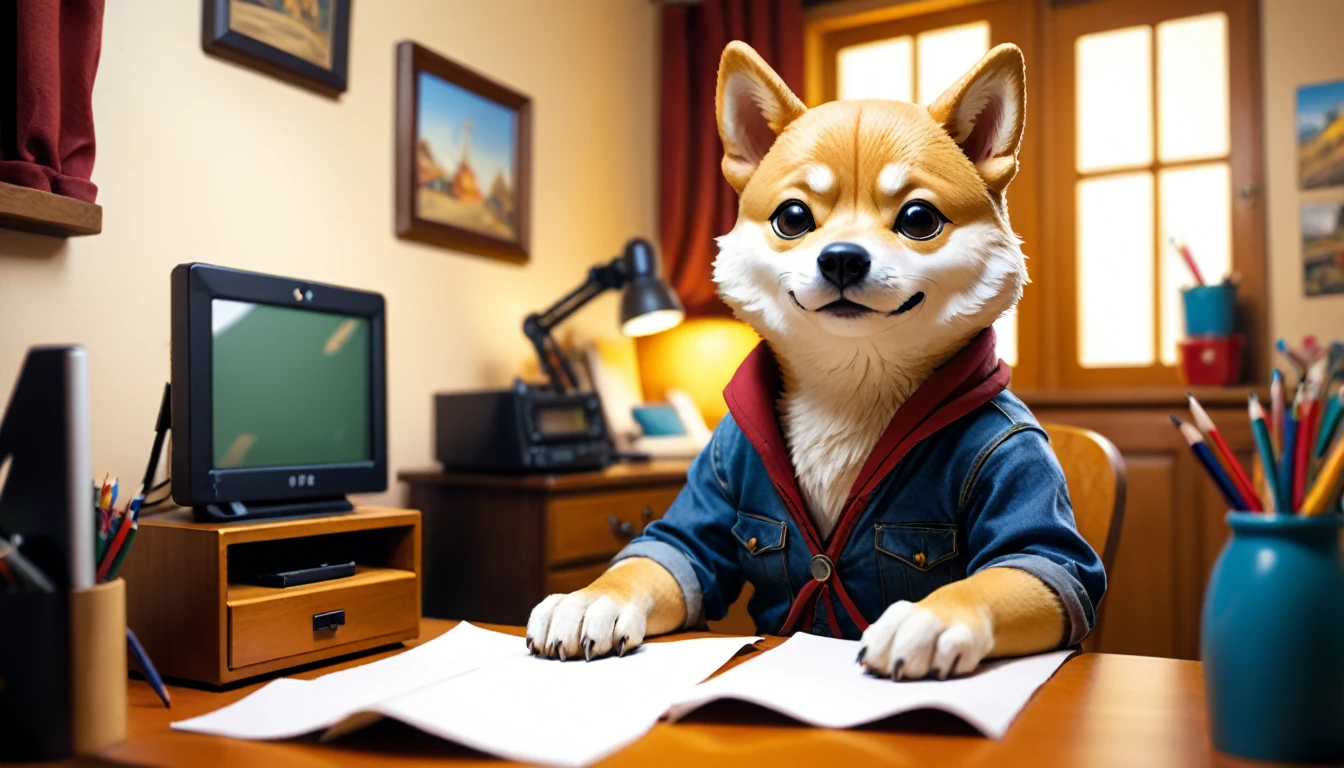 (photo film style), anthropomorphic, cute little Shiba Inu, , in his room, studying, 2D, colorful, warm atmosphere, shiny, Jean-Baptiste Monge style, Alan Lee style