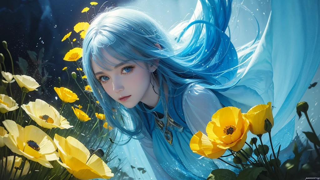 32k, Masterpiece, Highest quality, One girl, Detailed eyes, flower,Iceland Poppy, Blue and yellow style,A dreamy, romantic piece,Pale yellow, Mysterious Leaves,A playful arrangement,Fantasy,High Contrast,Ink strokes,explosion,Exposure, Impression of blue and yellow tones,Abstract,((Watercolours by John Berkey and Jeremy Mann )) Brush strokes,Negative Space, Tyndall effect,