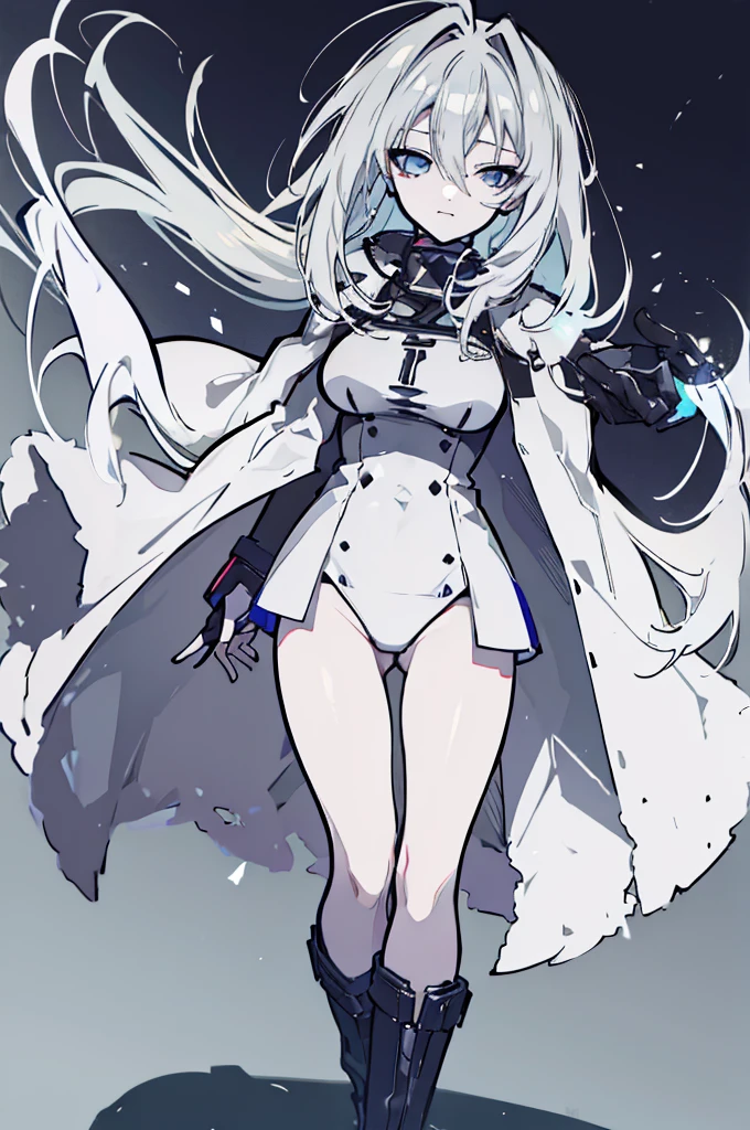 ((Pixiv)),(masterpiece_portrait),(Color Field),(Cyberpunk),(Full Metal Panic),(10s-anime-aesthetic), 1 girl, light smile, curvy, large breasts, sharp face, spiked_hair, two-tone hair, white hair, gray hair, hair between eyes, very_long_hair, half closed eyes, sky blue eyes, Closed mouth, reaching out, cowboy shot, Standing, Clenched_hand, Black leotard, Over-kneehighs, White Overcoat, capelet, high_heel_boots