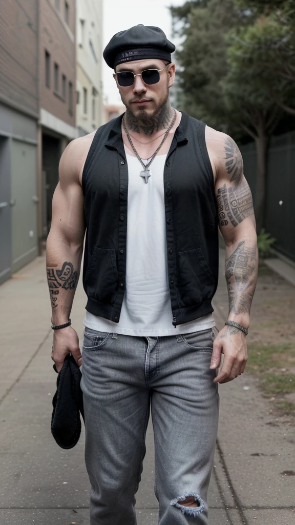 It generates a very handsome man, with perfect features, he has scars on his body, he has very large dark glasses, a black cap on his head, very thick chain necklaces on his neck, he is shirtless, he has tattoos in places of his body, he is muscular, he has gray jeans that are too big for him, and his boxers stick out a little, he has white tennis shoes, and there is a worn-out alley in the background.