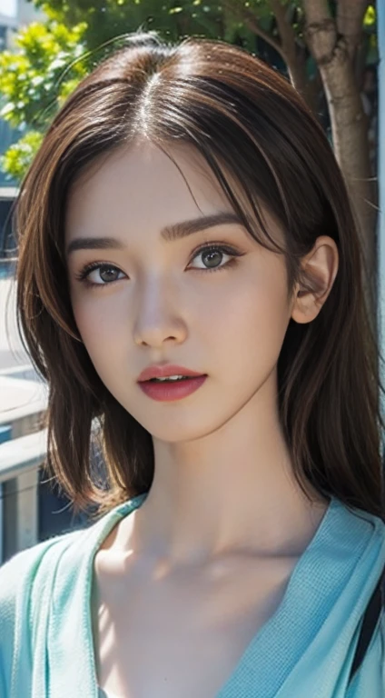 Fashion model 20 years old [[[[closeup cleavage]]]], [[[[boobgasm]]]], [[[[coll]]]], [[[[bshoulders]]]], perfect  eyes, Perfect iris，Perfect lips，perfect teeth，Perfect skin，Long face，slender nose，with fair skin，Soft front light，hdr，Movie girl，Casual，The background is outdoors，Green trees and flowers，（pastel colour：1.2）,((スレンダー:1.4))