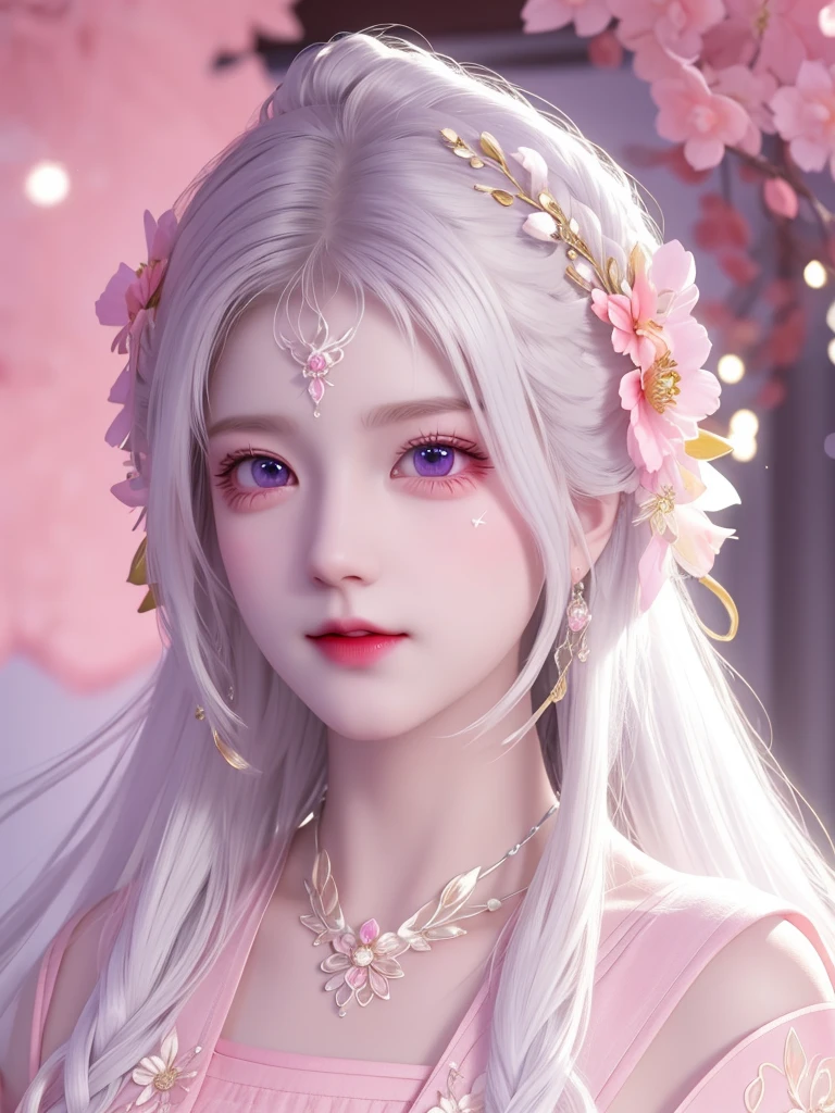 best quality, masterpiece, High target, There is a girl with a basket of flowers on her head, beautiful clothes, Hair Decorationss, necklace, Decorations, Pretty Face, When the body, Tyndall effect, Realistic Portraits, Edge lighting, Two-color light, (Very delicate skin:1.2), 8K uhd, Digital SLR Camera, Soft Light, high quality, Volumetric Lighting, Honest, photo, high resolution, 4K, 8K, Bokeh, Pure white hair,Pink Eyes.