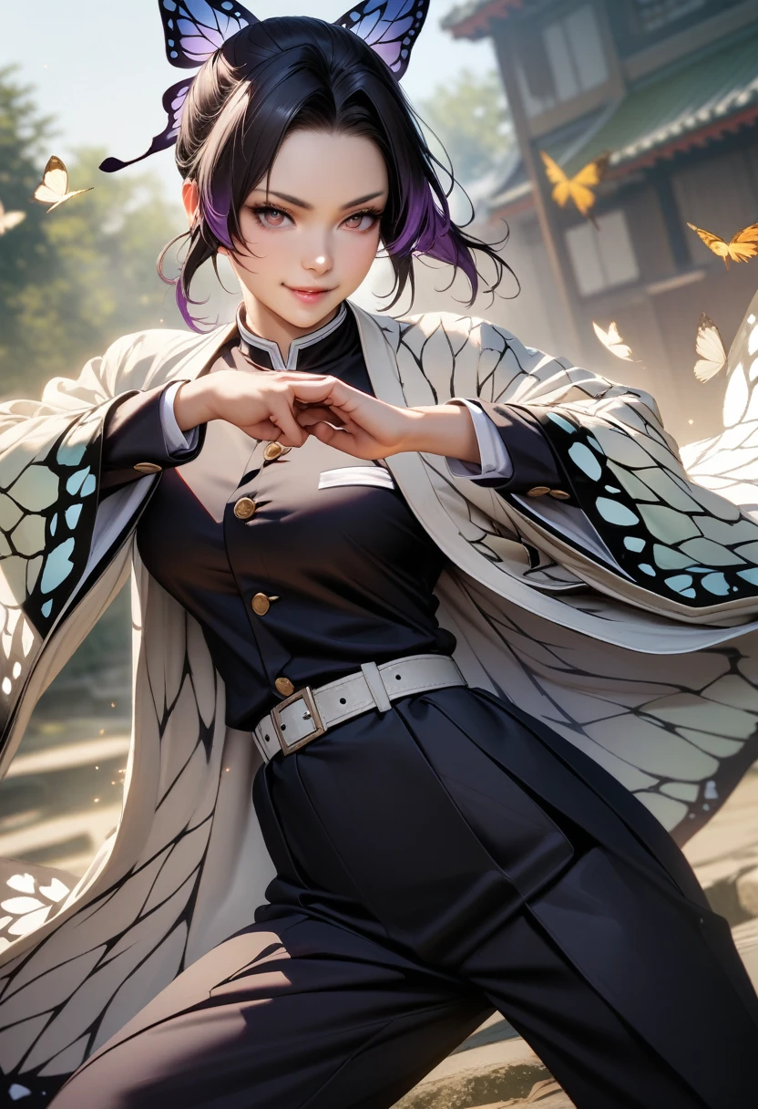 shinobu kochou, animal print, black hair, butterfly, butterfly hair ornament, butterfly print, forehead, gradient hair, hair ornament, haori, multicolored hair, parted bangs, purple hair, short hair, two-tone hair,belt, black pants, butterfly print, coat, demon slayer uniform, haori, japanese clothes, pants, uniform,,mature female,perfect hands, perfect finger,perfect anatomy, masterpiece, best quality,realistic, hyperrealistic, 16k hdr,medium breasts,outdoor,fighting pose,smile