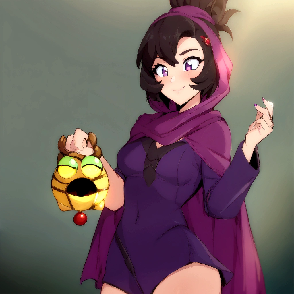 anime girl in a purple cape holding a yellow object, female protagonist 👀 :8, high quality fanart, muffet from undertale, detailed fanart, commission for high resolution, official fanart, Samira de League of Legends, annie from league of legends, must tear from the overlord, pokemon anime style, oc commission, background art, anime moe art style