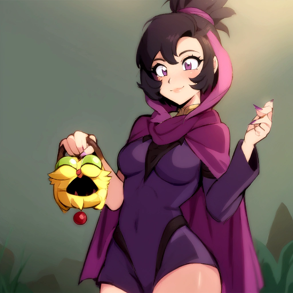 anime girl in a purple cape holding a yellow object, female protagonist 👀 :8, high quality fanart, muffet from undertale, detailed fanart, commission for high resolution, official fanart, Samira de League of Legends, annie from league of legends, must tear from the overlord, pokemon anime style, oc commission, background art, anime moe art style