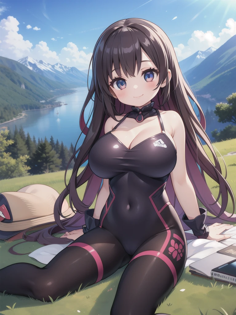 master-piece, bestquality, 1girls,, View viewers from front, sit, HD, slight smile, big tits, cleavage, tights cloth, swuimsuit, tiny body, outdoor, mountain,