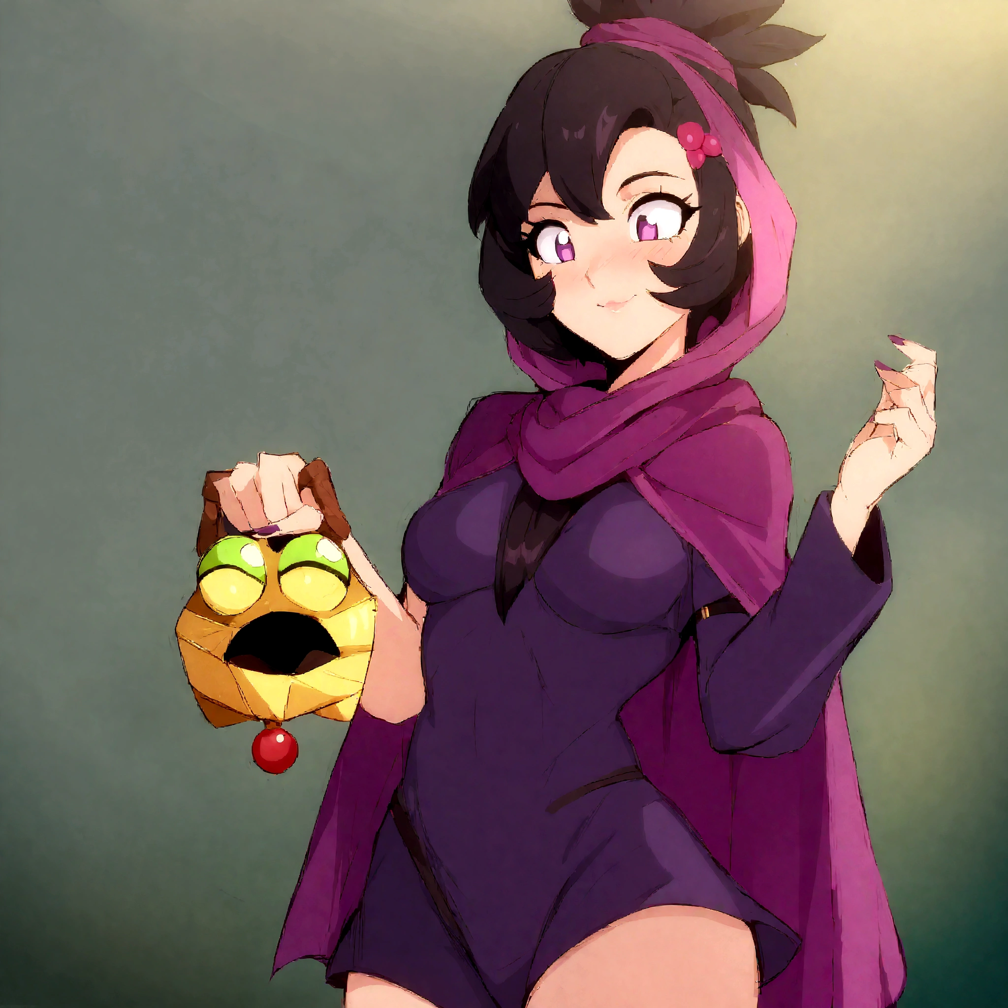 anime girl in a purple cape holding a yellow object, female protagonist 👀 :8, high quality fanart, muffet from undertale, detailed fanart, commission for high resolution, official fanart, Samira de League of Legends, annie from league of legends, must tear from the overlord, pokemon anime style, oc commission, background art, anime moe art style
