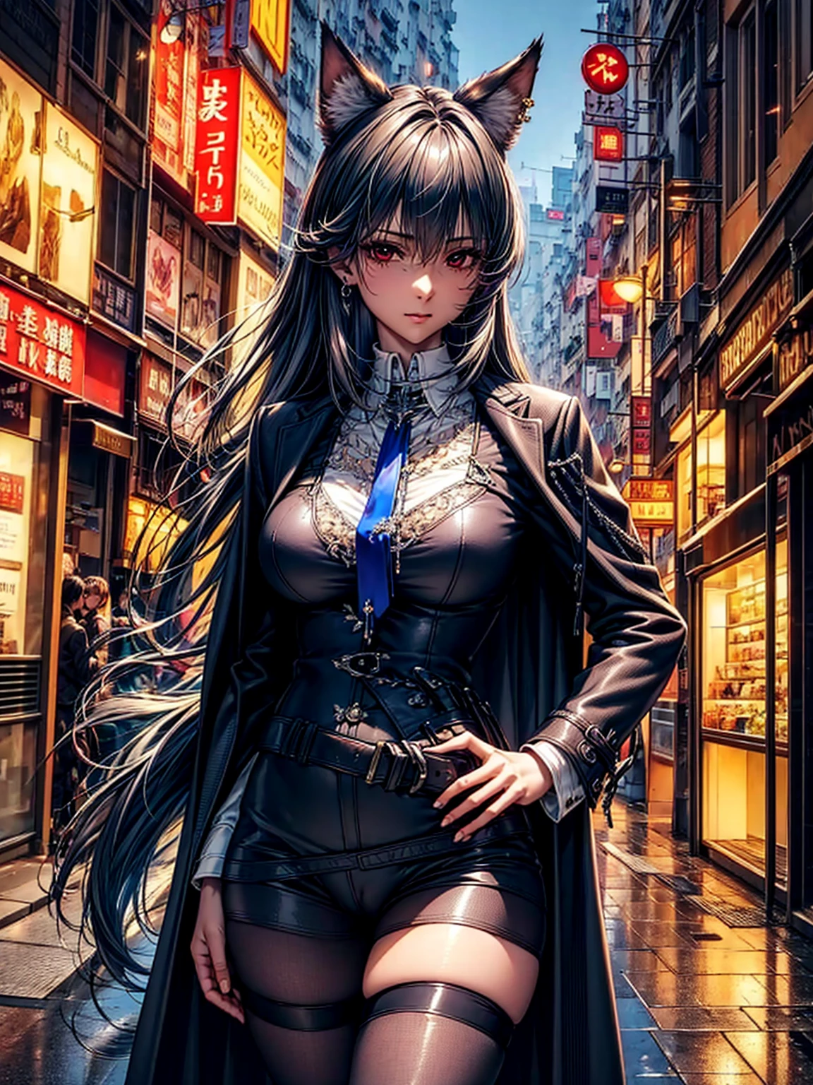top-quality、tmasterpiece、Very high resolution、super high image quality、High-quality pixels)、perfect eyes, perfect face, perfect body figure,solo,8K, large breast,(Detailed description of hair), (Detailed description of face),(Detailed description of body), fair and clear skin, matchless beauty, long legged, dark grey hair details expressed, The details have been upgraded,opaque red eyeball color,model posture,dark grey fox ears,dark grey fox tail,Braless, pigsney, Looking at Viewer, arms behind back , put hands on the hip, (Perfect hands), puffies , Female pubic hair, see-through legwear, shirt, shirts lift, Earring, shiny eyes, long black open coat, Open jacket, Blue tie,long stocking, on Hongkong street,Cityscape,Night, symmetric outfit