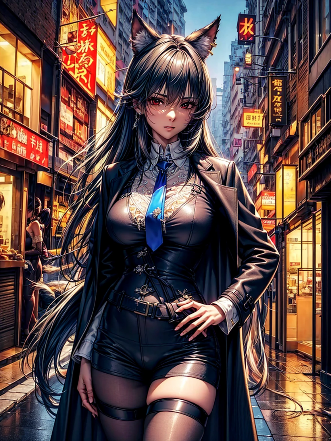 top-quality、tmasterpiece、Very high resolution、super high image quality、High-quality pixels)、perfect eyes, perfect face, perfect body figure,solo,8K, large breast,(Detailed description of hair), (Detailed description of face),(Detailed description of body), fair and clear skin, matchless beauty, long legged, dark grey hair details expressed, The details have been upgraded,opaque red eyeball color,model posture,dark grey fox ears,dark grey fox tail,Braless, pigsney, Looking at Viewer, arms behind back , put hands on the hip, (Perfect hands), puffies , Female pubic hair, see-through legwear, shirt, shirts lift, Earring, shiny eyes, long black open coat, Open jacket, Blue tie,long stocking, on Hongkong street,Cityscape,Night, symmetric outfit