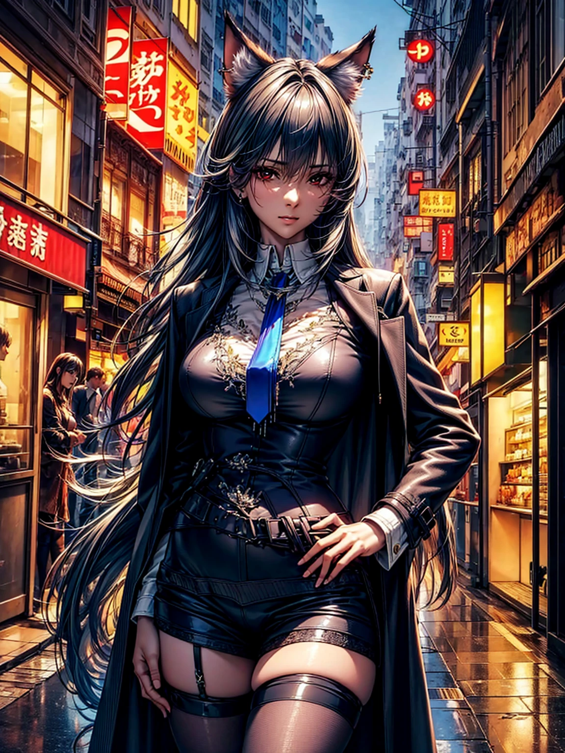top-quality、tmasterpiece、Very high resolution、super high image quality、High-quality pixels)、perfect eyes, perfect face, perfect body figure,solo,8K, large breast,(Detailed description of hair), (Detailed description of face),(Detailed description of body), fair and clear skin, matchless beauty, long legged, dark grey hair details expressed, The details have been upgraded,opaque red eyeball color,model posture,dark grey fox ears,dark grey fox tail,Braless, pigsney, Looking at Viewer, arms behind back , put hands on the hip, (Perfect hands), puffies , Female pubic hair, see-through legwear, shirt, shirts lift, Earring, shiny eyes, long black open coat, Open jacket, Blue tie,long stocking, on Hongkong street,Cityscape,Night, symmetric outfit