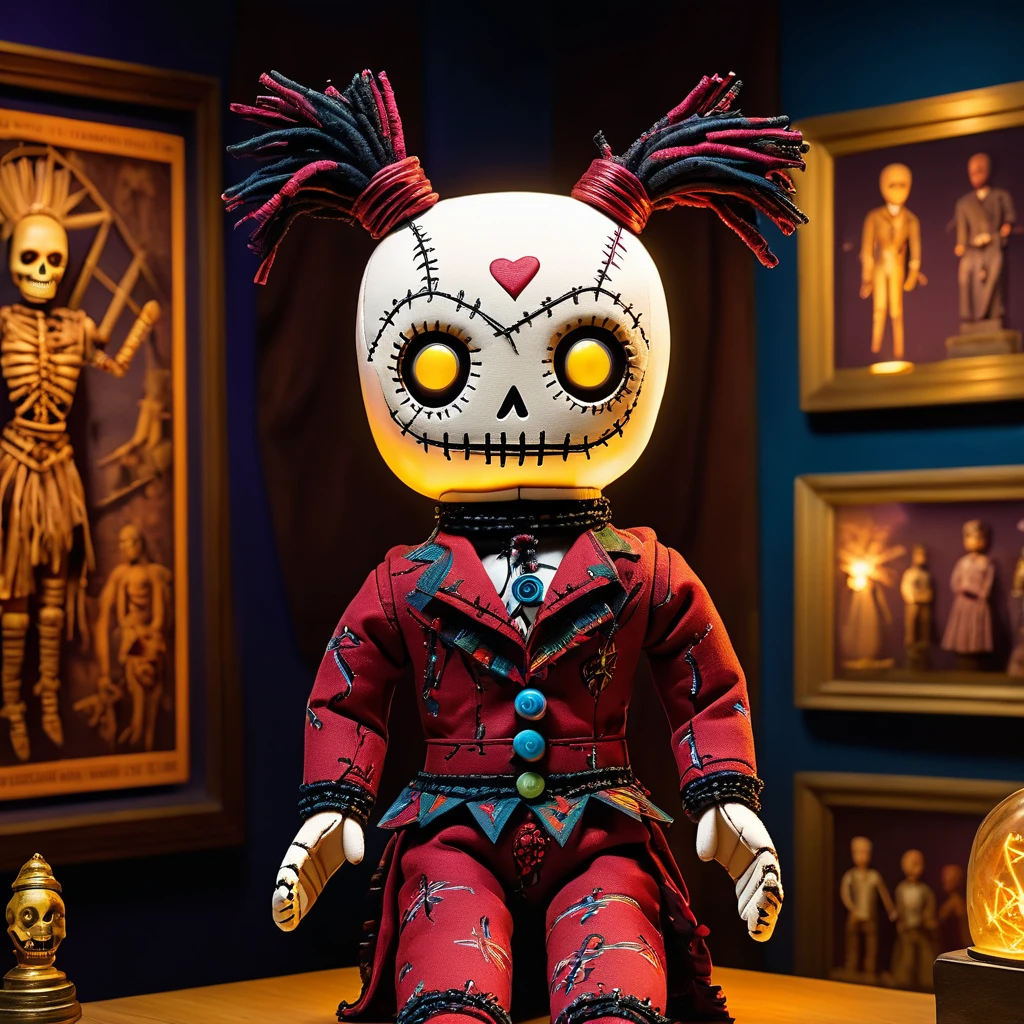 (knitted toy voodoo doll:1.7), (Voodoo in a Museum:1.3), (Clothing: casual outfit with glowing historical patterns:1.0), (Accessories: enchanted guidebook emitting sparks of history, levitating artifacts:1.1), (background: mystical museum with floating exhibits, glowing statues, and spectral visitors:1.2), best quality, masterpiece, detailed soft oil painting, detailed background, dramatic cinematic lighting, soft edge lighting, professional, dramatic lighting, hard edge lighting, ultra quality, 4k, masterpiece, best quality, 8k, ultra high definition, high resolution, extremely detailed