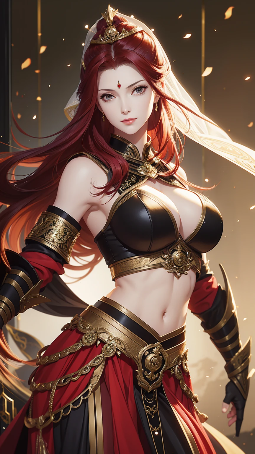 masterpiece, best quality, female, fortune, face portrait,red hair,long hair,abs, beautiful,breasts,black armor,midriff,pale skin,milf,busty,big breasts,black shoulder pads,sideboob,empress,huge breasts,sexy bride outfit,garter belt,liff skirt,dress,(hip cutout),revealing hip,cleavage to navel,wet,oiled skin