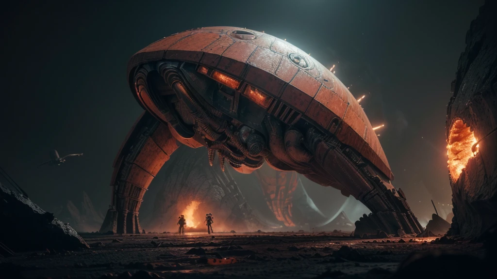 (((EATING A FIGHTER SHIP))), ((BENT STEEL, IMPOSSIBLE), (FORCED PESPECTIVE VIEW FROM BELOW OF Biomechanical ALIEN Creatures of Disgusting Alien Biology) biomechanical alien, unknown, extraterrestrial biology on unknown planet, HEAVY atmosphere with dust particles suspended in the air red - orange WITH SULFUR, (((cinematic lighting, VERY HIGH 4K RESOLUTION)))
