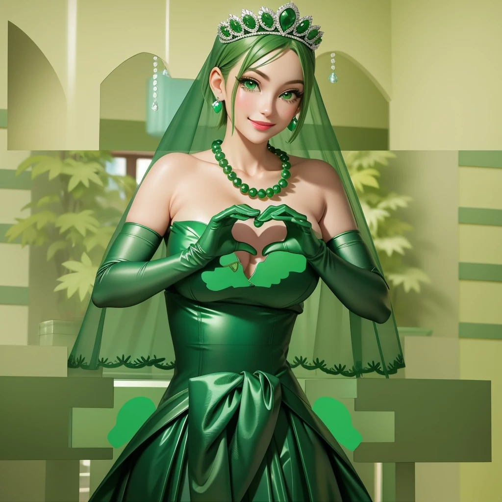 Emerald tiara, Green Pearl Necklace, ボーイッシュな非常に短いGreen Hair, Green Lips, Smiling Japanese woman, Very short hair, Busty beautiful lady, Green Eyes, Green satin long gloves, Green Eyes, Emerald Earrings, Green veil, Heart with both hands, Green Hair, Beautiful Japanese Woman, Heart shaped hands:1.3, green lip gloss