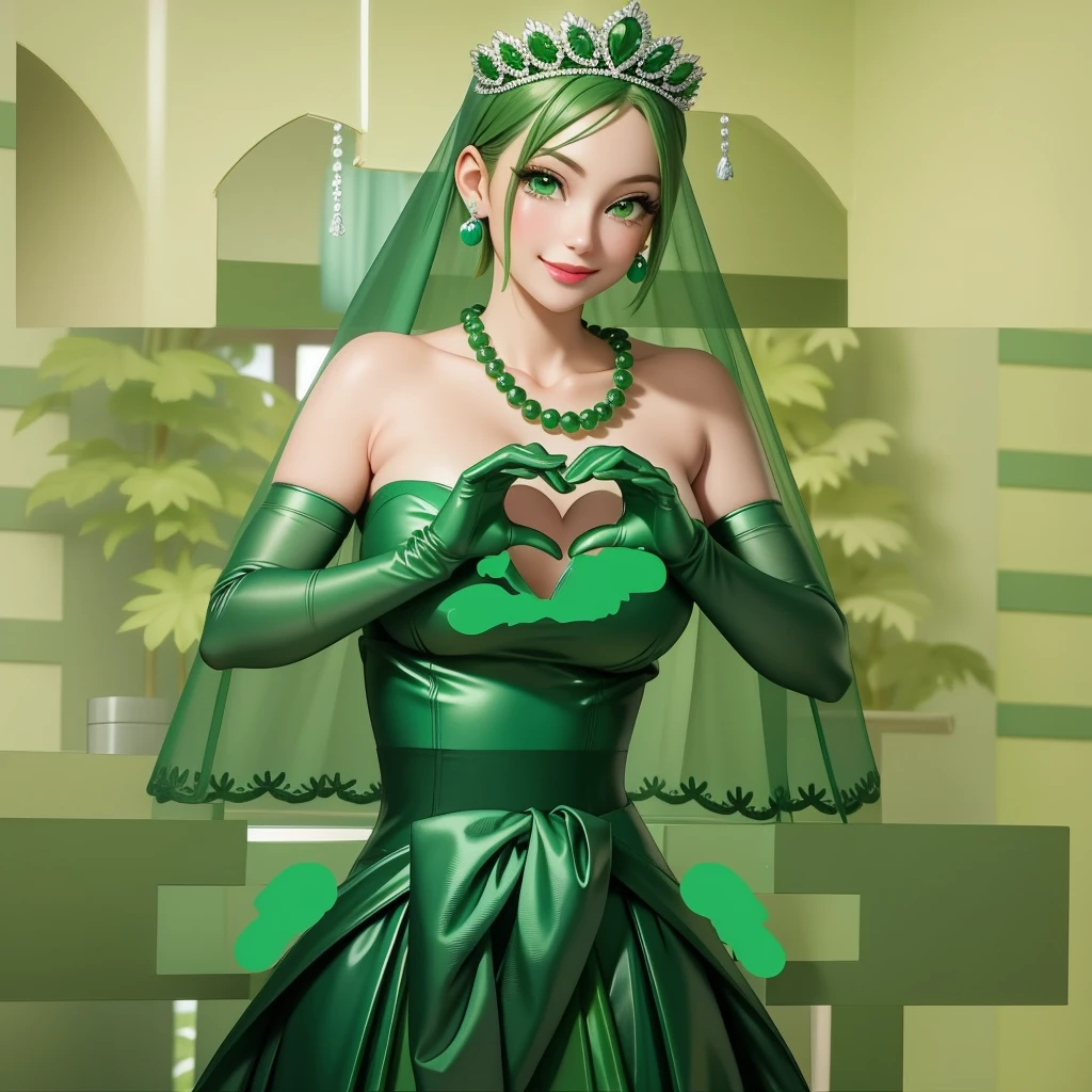 Emerald tiara, Green Pearl Necklace, ボーイッシュな非常に短いGreen Hair, Green Lips, Smiling Japanese woman, Very short hair, Busty beautiful lady, Green Eyes, Green satin long gloves, Green Eyes, Emerald Earrings, Green veil, Heart with both hands, Green Hair, Beautiful Japanese Woman, Heart shaped hands:1.3, green lip gloss