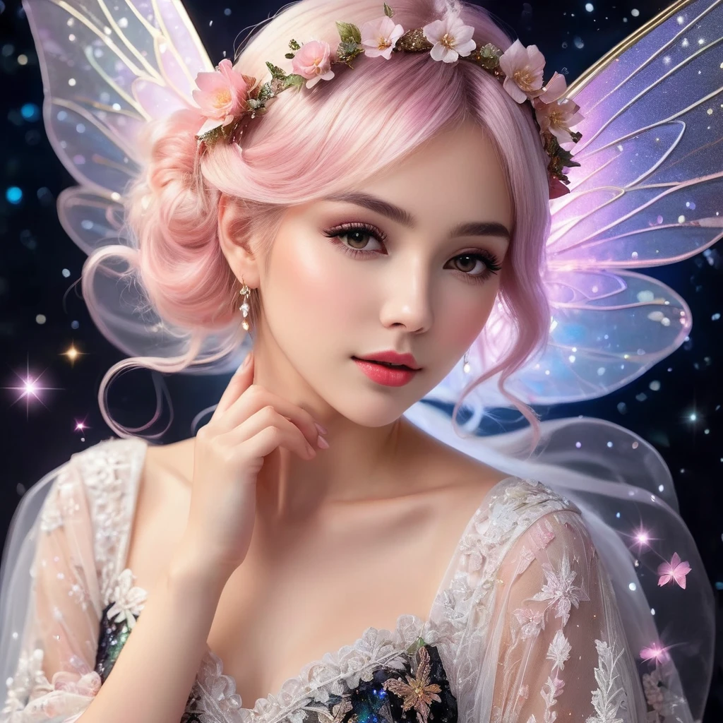 A delicate fairy with short pink hair styled in a loose bun adorned with flowers, wearing a black and white lace dress with intricate details. She has large, translucent wings that sparkle with iridescent colors against a dark, starry background. The lighting highlights her ethereal beauty and the intricate lace of her dress. The fairy's pose is elegant, with one hand gently touching her face and a soft, dreamy expression. The overall image has a magical, enchanting atmosphere with vibrant colors and fine details. Hyper realistic photo, vibrant colors, 16k