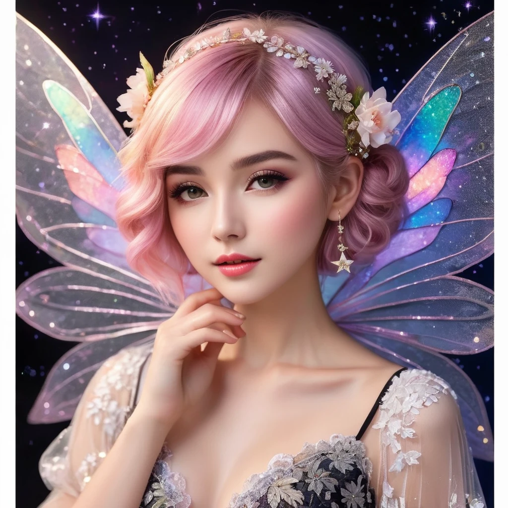 A delicate fairy with short pink hair styled in a loose bun adorned with flowers, wearing a black and white lace dress with intricate details. She has large, translucent wings that sparkle with iridescent colors against a dark, starry background. The lighting highlights her ethereal beauty and the intricate lace of her dress. The fairy's pose is elegant, with one hand gently touching her face and a soft, dreamy expression. The overall image has a magical, enchanting atmosphere with vibrant colors and fine details. Hyper realistic photo, vibrant colors, 16k