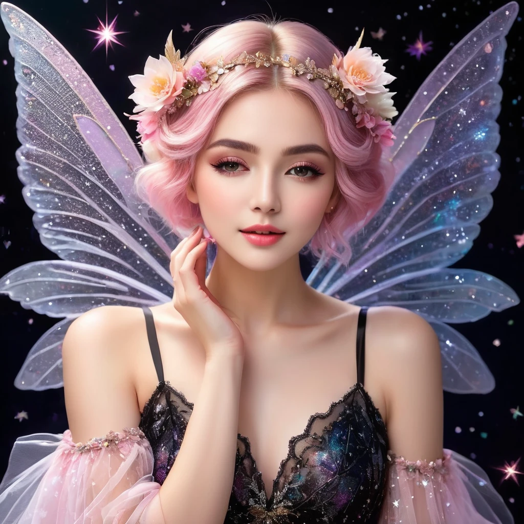 A delicate fairy with short pink hair styled in a loose bun adorned with flowers, wearing a black and white lace dress with intricate details. She has large, translucent wings that sparkle with iridescent colors against a dark, starry background. The lighting highlights her ethereal beauty and the intricate lace of her dress. The fairy's pose is elegant, with one hand gently touching her face and a soft, dreamy expression. The overall image has a magical, enchanting atmosphere with vibrant colors and fine details. Hyper realistic photo, vibrant colors, 16k