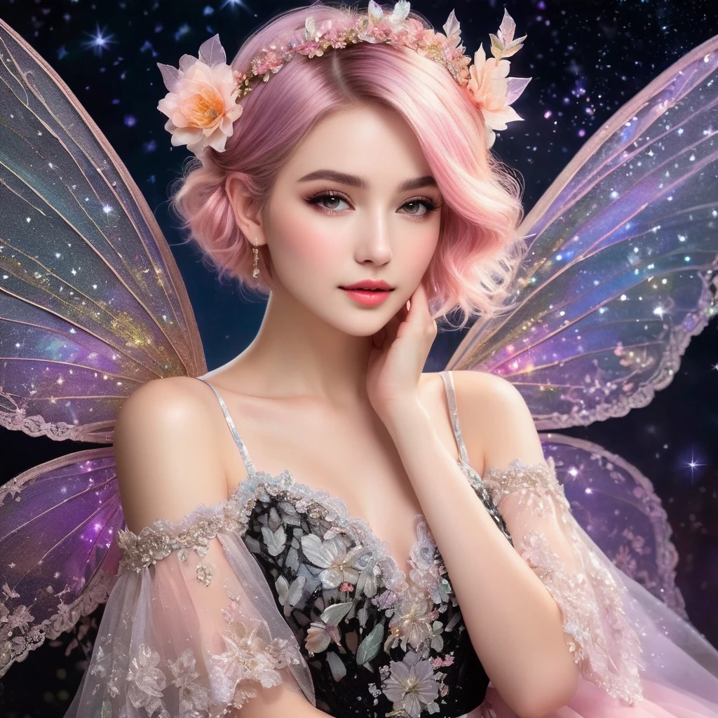 A delicate fairy with short pink hair styled in a loose bun adorned with flowers, wearing a black and white lace dress with intricate details. She has large, translucent wings that sparkle with iridescent colors against a dark, starry background. The lighting highlights her ethereal beauty and the intricate lace of her dress. The fairy's pose is elegant, with one hand gently touching her face and a soft, dreamy expression. The overall image has a magical, enchanting atmosphere with vibrant colors and fine details. Hyper realistic photo, vibrant colors, 16k