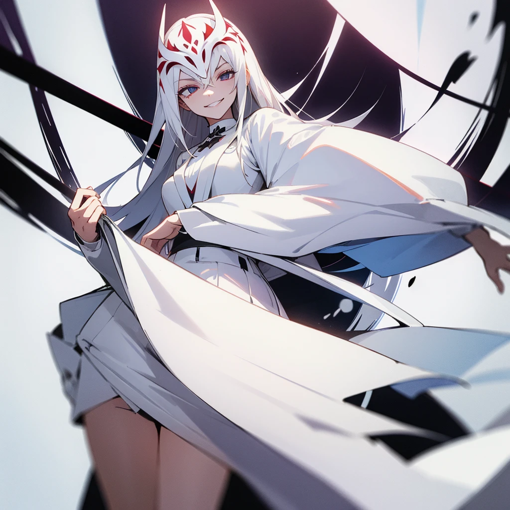 1 girl, dark white hair, villain, smile, psychopath, psychopath smirk, straight hair, (((noble cloth))), short skirt, white cloth, white poker mask, white tuxedo, masked, with mask on face