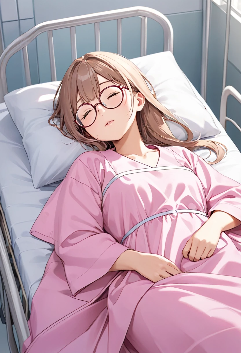 girl(Round Glasses、low length、Patient gown(Pink))Hospital bed(Sleeping on your back)