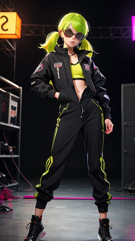 Black workwear jumpsuit、Costume with glowing yellow-green linesを着た女性, サイバーpunk, punk, Mosh Pit, (Highest quality,4K,8K,High resolution,masterpiece:1.2),Live Stage、Costume with glowing yellow-green lines、Oversized sunglasses,Punkish hairstyle、Full body portrait、stud
